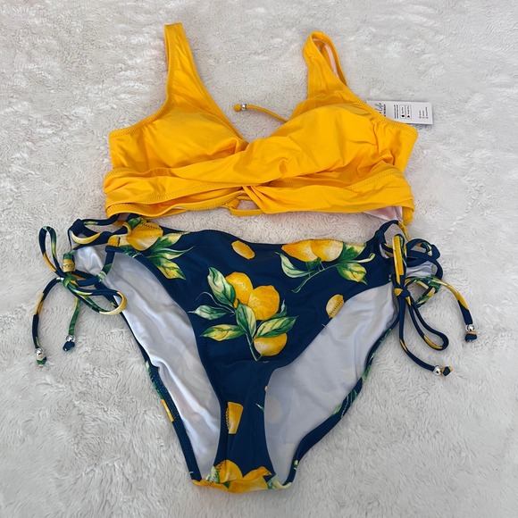 Cupshe Other - Cupshe Yellow Wrap Bikini Top Navy Lemon Print Side Tie Bottoms Set Size XL NWT